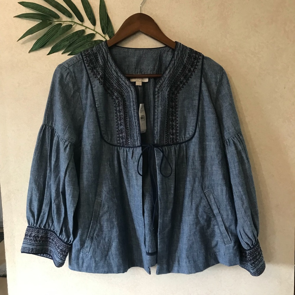 Loft NWT Chambray Embroidered Open Front/Tie Top